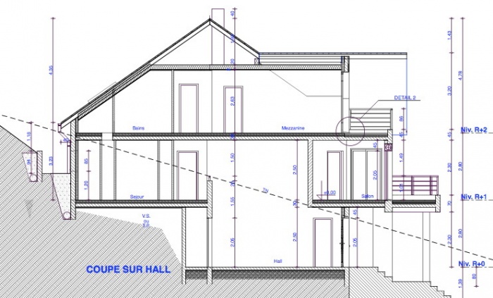 Maison DE, annexes et piscine couverte : Coupe